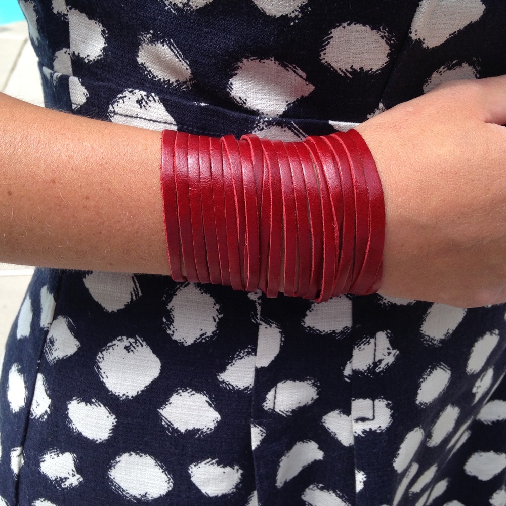 Handcrafted Red Fringed Leather Bracelet